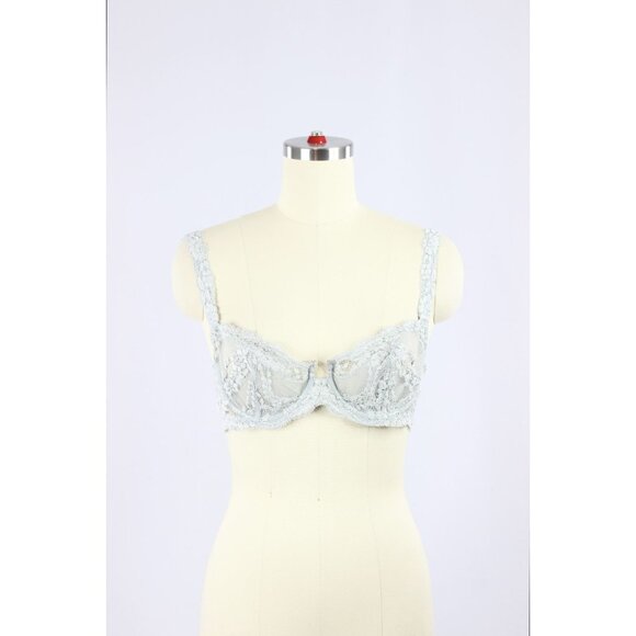 Vintage LA PERLA Silver Sage Green Stretch Lace Demi Balconette Bra, Size 3 - Picture 13 of 16